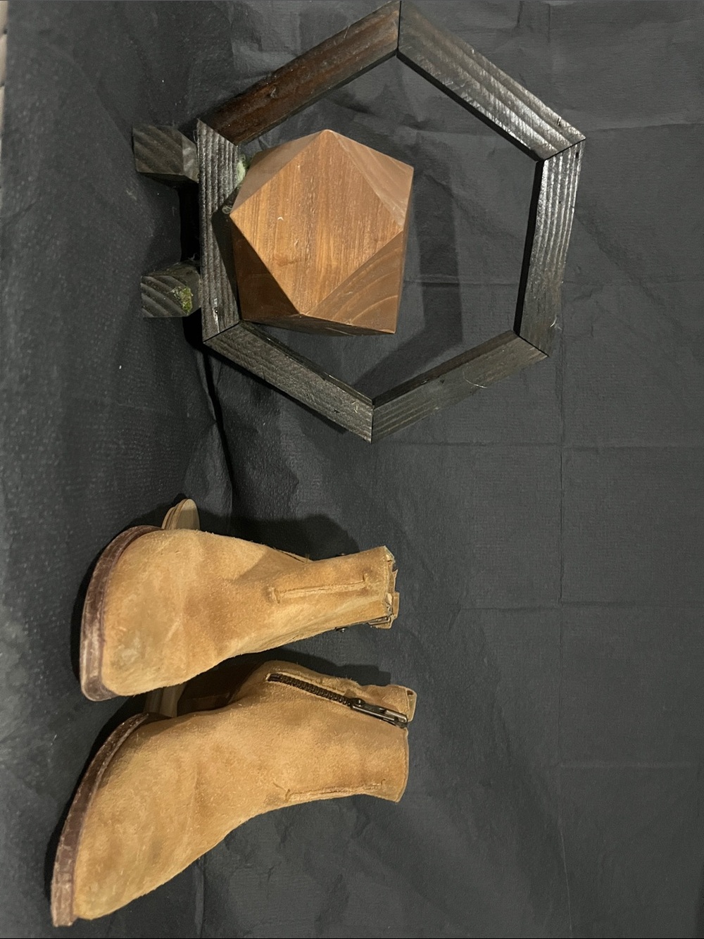 Frye Brown Suede Ankle Boot Display with Geometric Wood Accent